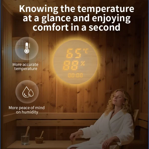 Pure solid wood sweat sauna room temperature and humidity meter with timed ambient light - Image 3