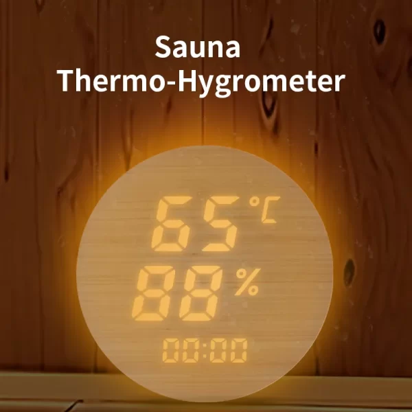Pure solid wood sweat sauna room temperature and humidity meter with timed ambient light - Image 4