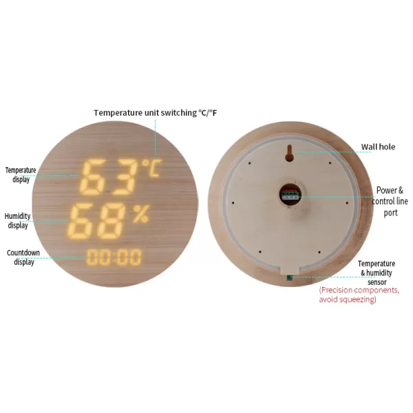 Pure solid wood sweat sauna room temperature and humidity meter with timed ambient light - Image 5
