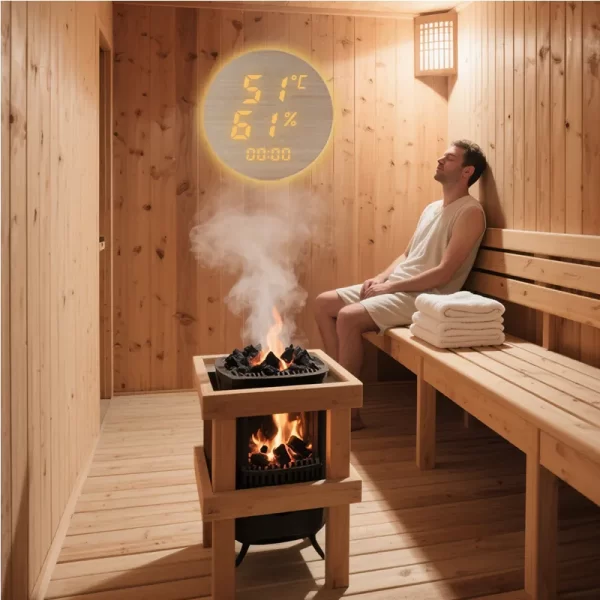 Pure solid wood sweat sauna room temperature and humidity meter with timed ambient light - Image 8