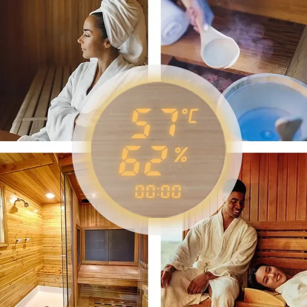 Pure solid wood sweat sauna room temperature and humidity meter with timed ambient light - Image 9